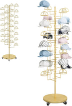 Gold Hat Display Stand, Commercial Hat Rack with 30 Hooks & Wheels, Freestanding Metal Cap Organizer for Retail Store, Home, 69 inch