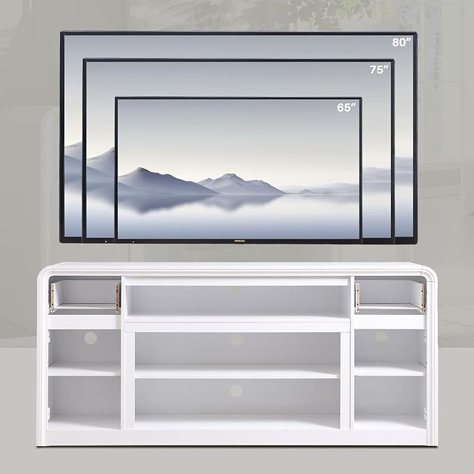 Modern TV Stand for 80 Inch TVs, 32"Tall Entertainment Center w/Storage Cabinet& drawers, Media Console Cabinet w/Soundbar & Adjustable Shelves for Living Room, Curved Profile Design, 70 inch (White)