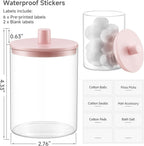 TIPGO Glass Qtip Holder Dispenser for Bathroom - 10 oz Clear Canister Apothecary Jar for Cotton Swabs, Balls, Pads, Floss Picks, Small Containers for Makeup Storage Organizer (2 Pack, Pink)