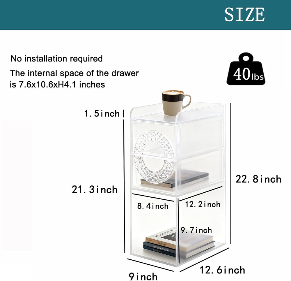 Frosted Acrylic Nightstand with 2 Drawers - Modern Slim Bedside Table for Sma...