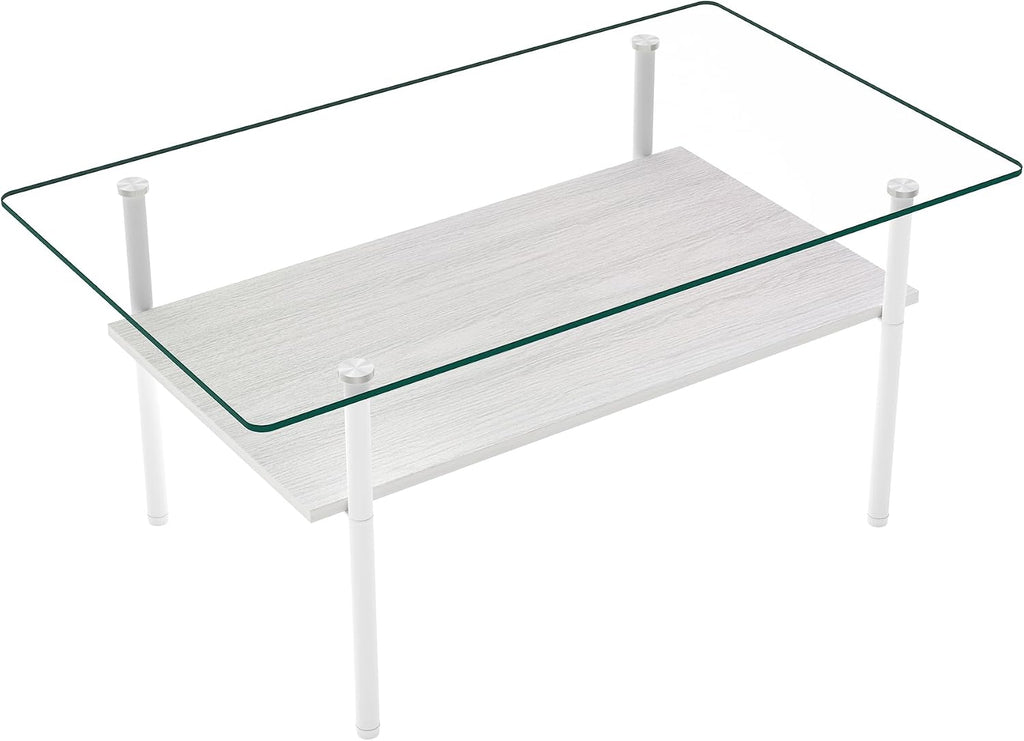 IANIYA Glass Coffee Table Modern Center Table, Coffee Table for Living Room, Tempered Glass-top with Sturdy Metal Frame, Easy Assembly, White