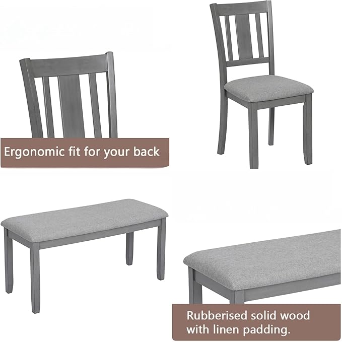 Dining Table Set for 6, 6-Piece Kitchen Table Chairs Set with Rectangular Table, 4 Slatted Upholstered Chairs and Bench, Wooden Farmhouse Rustic Style Kitchen Dining Set for 6 Person, Gray