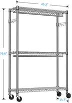 IZEUK 3-Tier Heavy Duty Rolling Garment Rack, Chrome Metal Freestanding Closet Wardrobe Rack with Double Rods and Side Hooks, 15.7" D x 45.3" W x 79.6" H