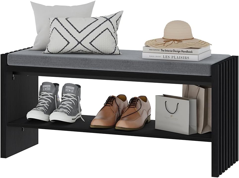 BON AUGURE 40" Entryway Shoe Bench with Storage & Cushion, Modern Fl...