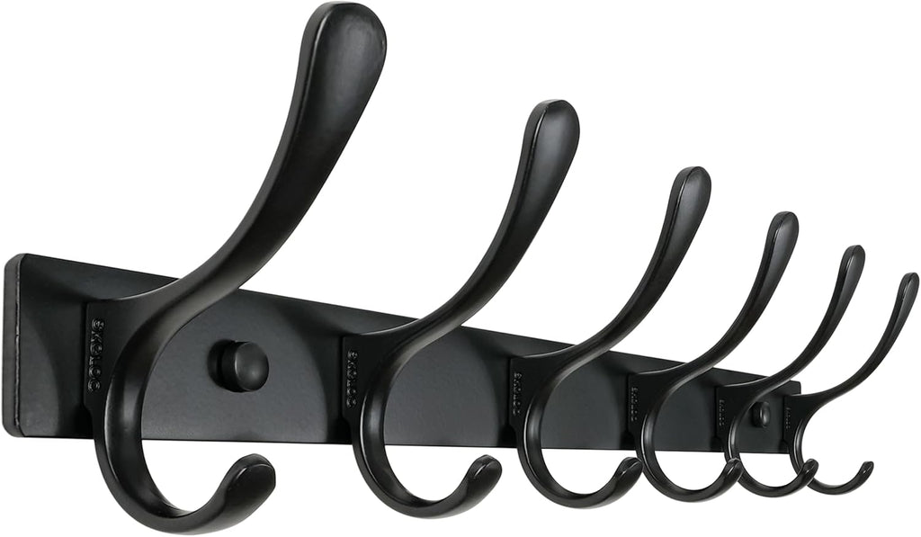 SKOLOO Coat Rack Wall Mounted - 6 Hooks, Heavy Duty, Stainless Steel, Metal Wall Hanger, Sturdy Coat Hooks for Hanging Coats, Jacket, Clothes, Hats - Black