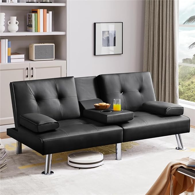 Yaheetech Convertible Sofa Bed Adjustable Couch Sleeper Modern Faux Leather Recliner Reversible Loveseat Folding Daybed Guest Bed, Removable Armrests, Cup Holders, 3 Angles, 772lb Capacity, Black