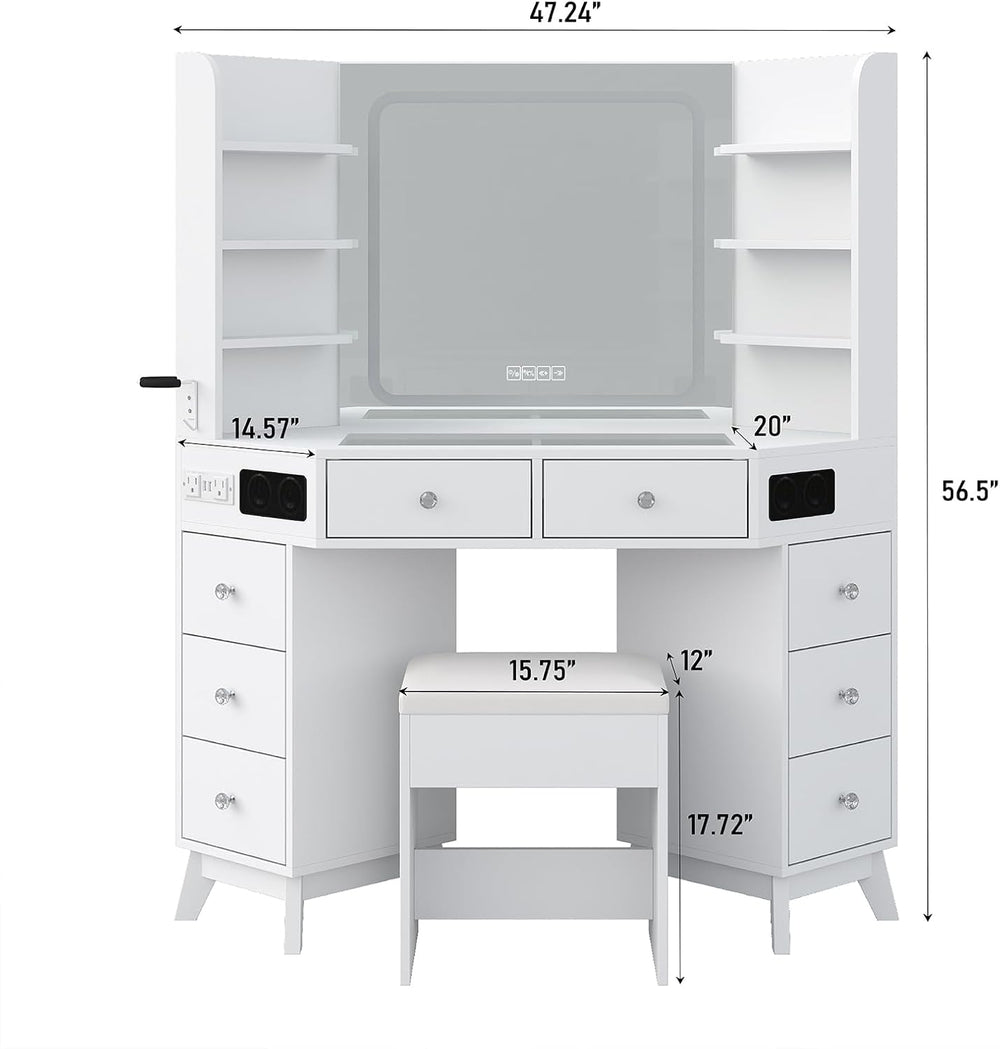 Yanosaku Corner Vanity Desk with Buil-in Speaker, 8 Drawers & 6 Shelves, ...