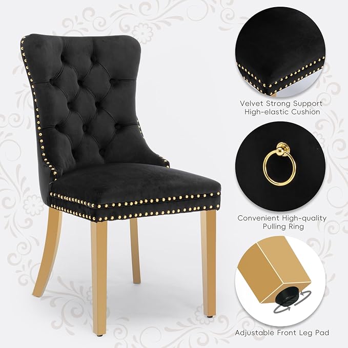 Velvet Upholstered Dining Chairs Set of 2, Modern Style Kitchen Side Chairs with Nailhead Trim and Gold Plated Leg, Metal Pulling Ring for Dining Room Living Room(Black,Set of 2)
