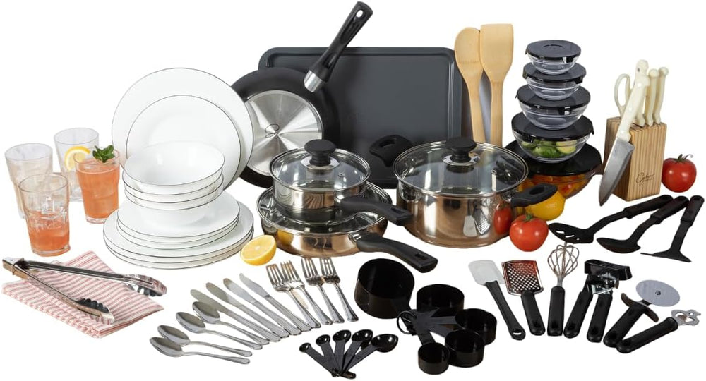 Gibson Home 74 Piece Kitchen in a Box Pots and Pans Cookware, Plates and Bowl...