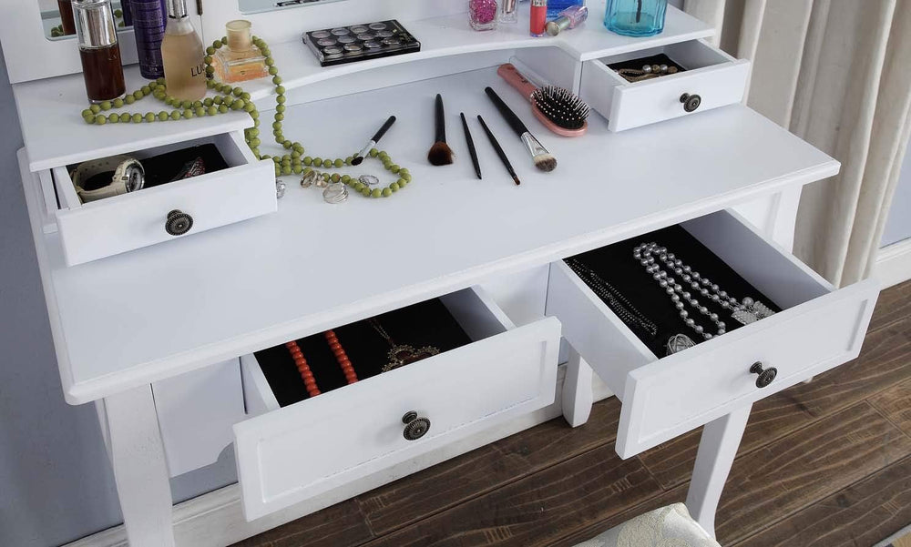 Montary Makeup Vanity Desk with 3-Panel Mirror, Wooden Vanity Dressing Table ...