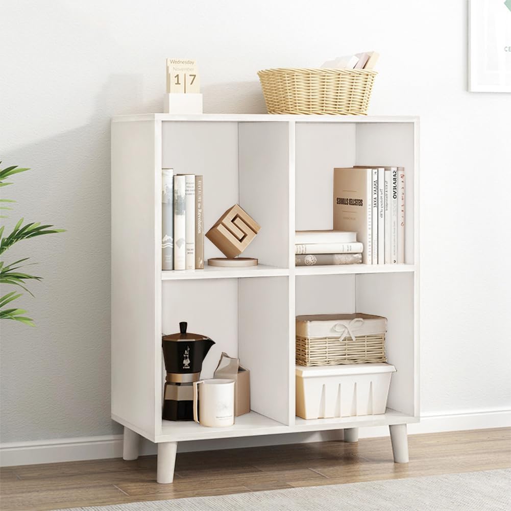 IOTXY Open Cube Low Bookcase - 2-Tier Freestanding Storage Display Cabinet Organizer with Legs for Home Office, 4-Cubes Open Shelf Short Bookshelf, White