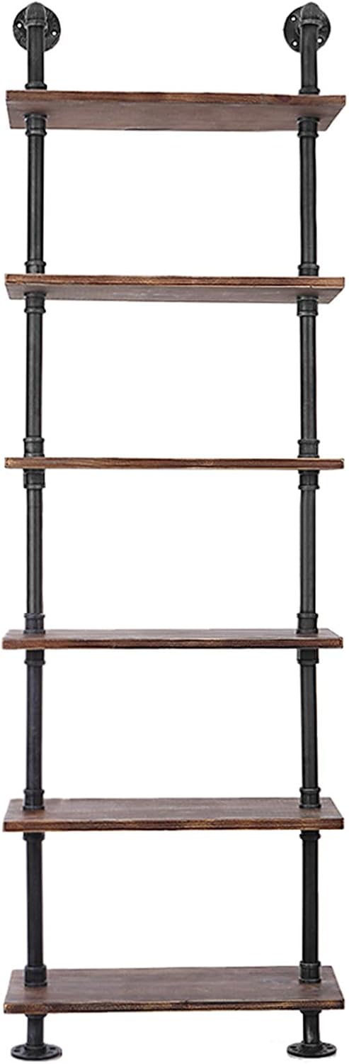 6 Tier Ladder Wall Shelf with Wood Planks, Industrial Iron Pipe Style Storage Rack for Living Room or Home Office