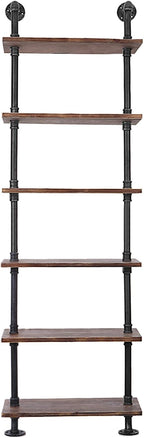 6 Tier Ladder Wall Shelf with Wood Planks, Industrial Iron Pipe Style Storage Rack for Living Room or Home Office