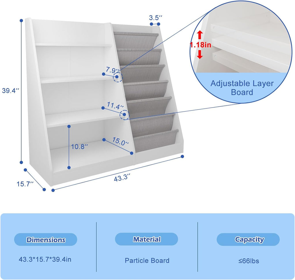 White Kids Bookshelf Wood Toy Storage Organizer Cabinet Children Bookcase Toddler Baby Sling Book Rack Adjustable Shelf for Playroom Bedroom Nursery Hallway School Kindergarten