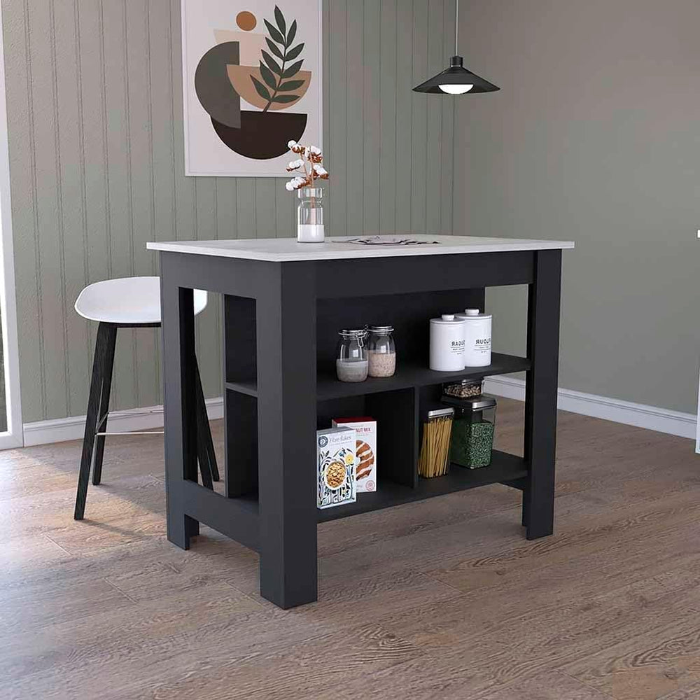 Kitchen Island Dozza with Three Shelves in Black and Ibiza Marble | Three sto...