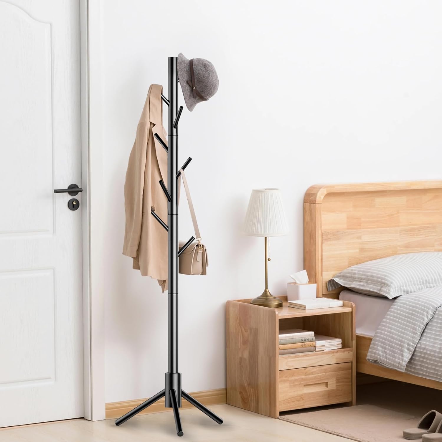 Aliphon Wooden Coat Rack Stand, Freestanding Coat Rack with 8 Hooks, 3 Adjustable Size Coat Tree for Hats, Coats, Scarves bags, Coat Hanger Stand Used in Bedroom/Office/Entryway (Black)