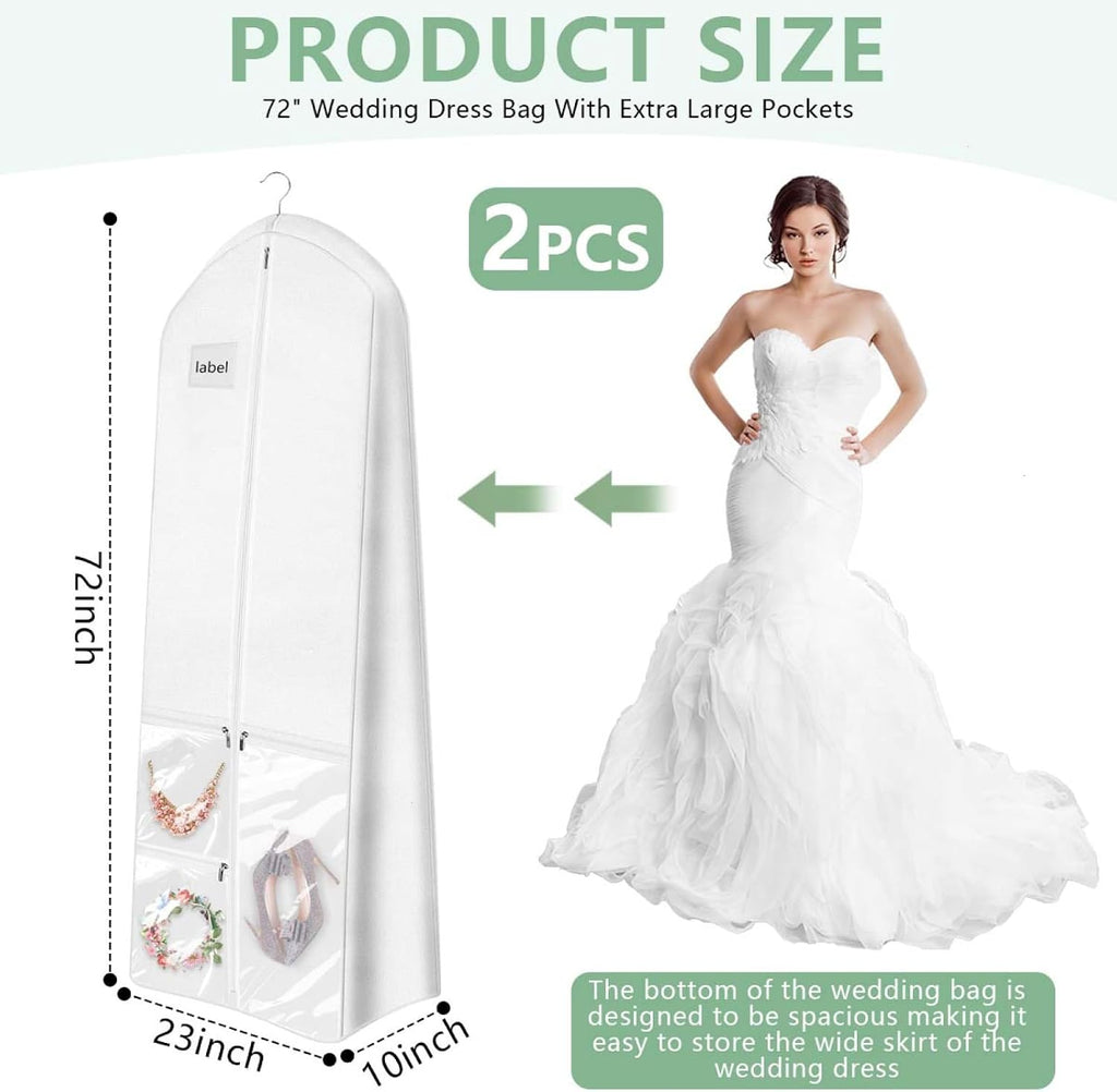 72" Long Wedding Dress Garment Bag Cover for Gowns Women with 10'' Gusseted Dress Bags 4 Pocket (White 2 Pack)