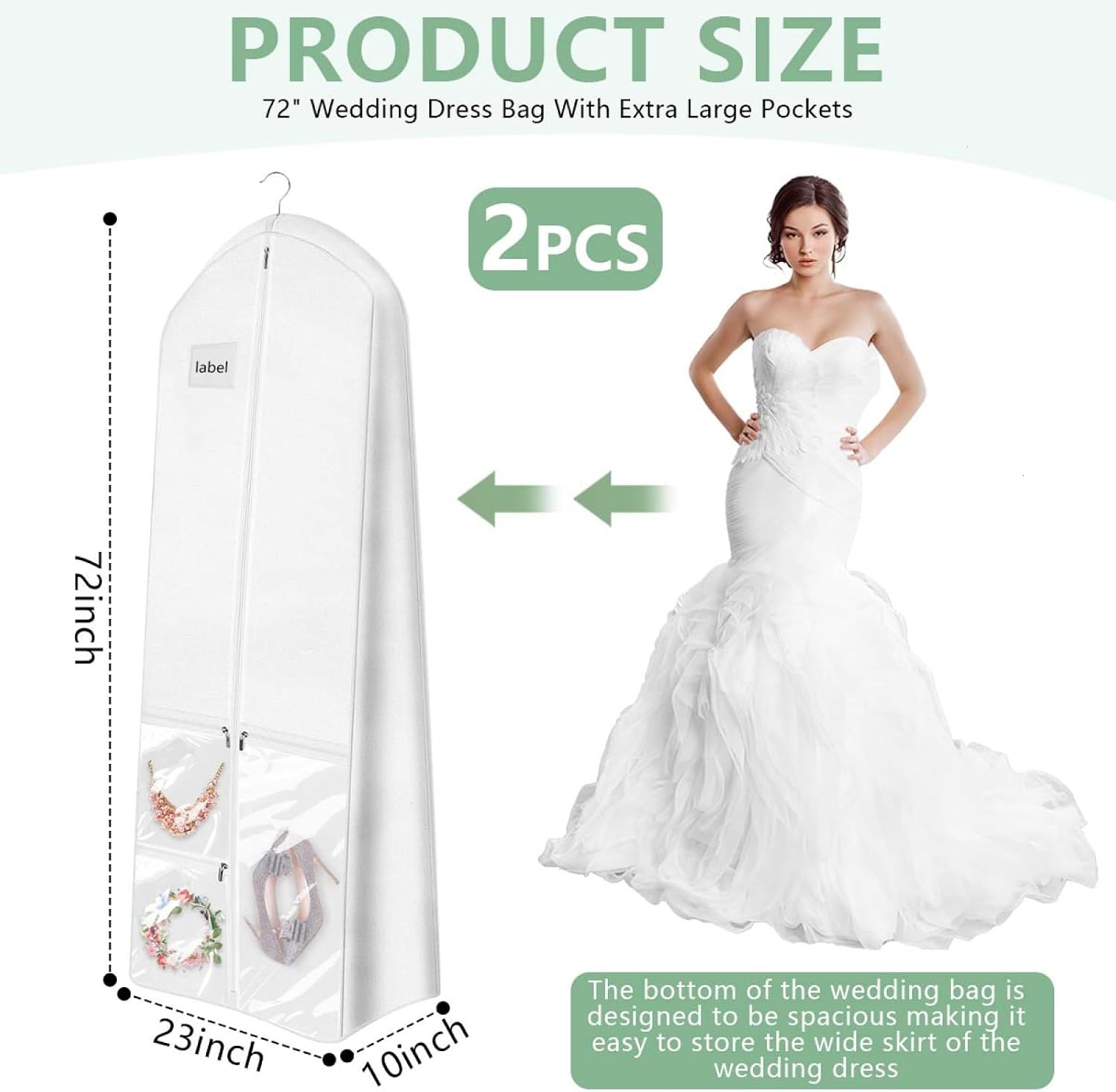 72" Long Wedding Dress Garment Bag Cover for Gowns Women with 10'' Gusseted Dress Bags 4 Pocket (White 2 Pack)