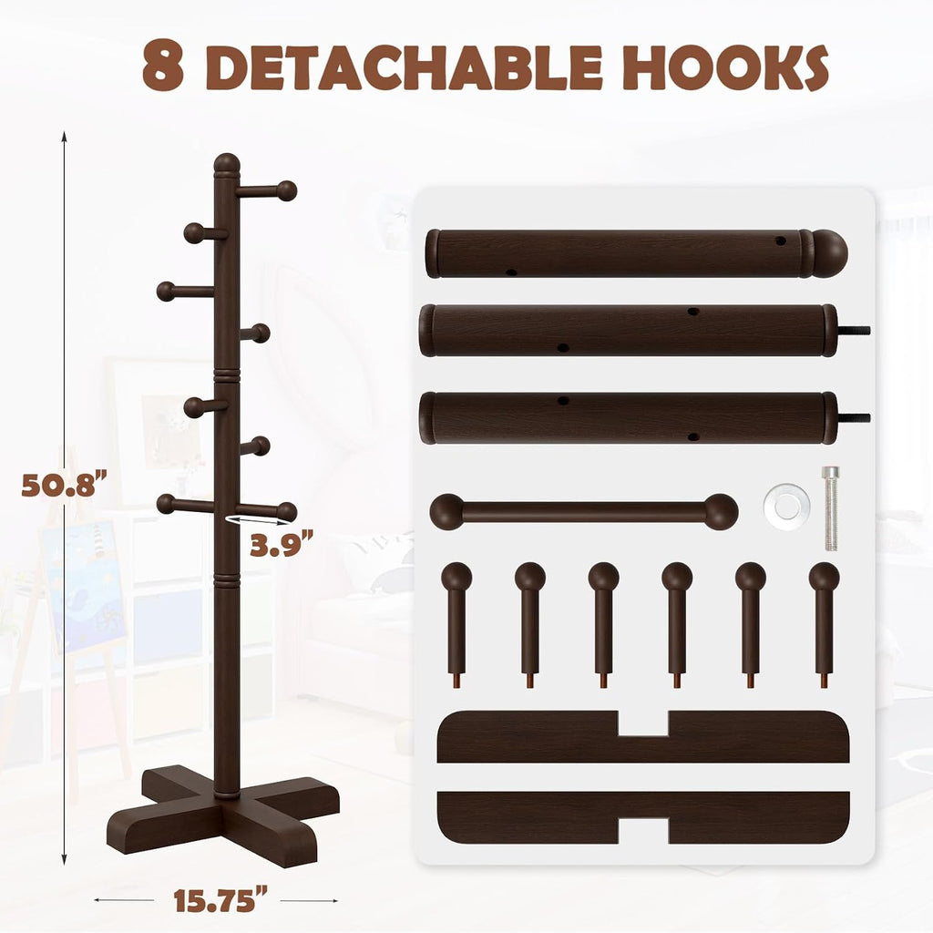 Coat Rack, Freestanding Coat Racks with 8 Hooks 2 Adjustable Height, Tree Coat Rack for Bedroom, Hallway, Entrance, Office, Hats, Handbags,Purse (Brown)