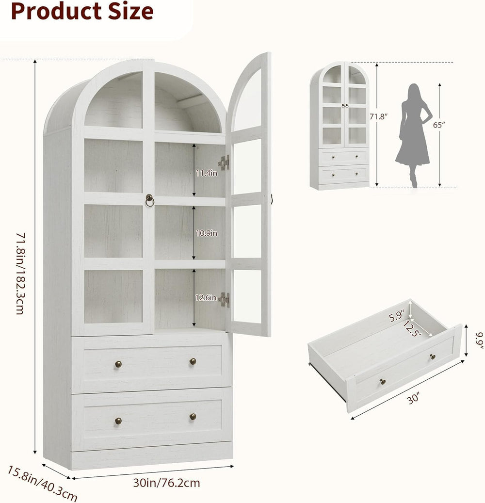 72" Tall Arched Kitchen Pantry Cabinet,Wood Arched Bookshelf with 2 Door...