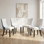 OVENTA Modern Tufted Upholstered Dining Chairs Set of 4, White Blue Velvet and Leather Dining Chair with Solid Wood Legs, Sillas de Comedor, Kitchen Chairs (White Blue, Velvet and Leather Set of 4)