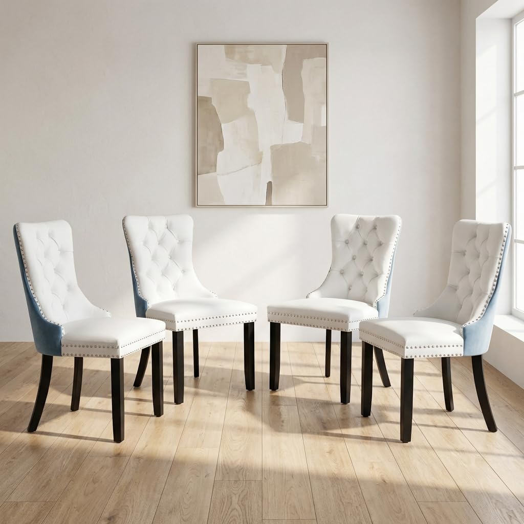OVENTA Modern Tufted Upholstered Dining Chairs Set of 4, White Blue Velvet and Leather Dining Chair with Solid Wood Legs, Sillas de Comedor, Kitchen Chairs (White Blue, Velvet and Leather Set of 4)