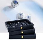 Oirlv Premium Blue Leather 24 Grid Jewelry Tray with Transparent Lid Earrings Rings Organizer Box Stackable Jewelry Box Drawer Inserts Women Gift