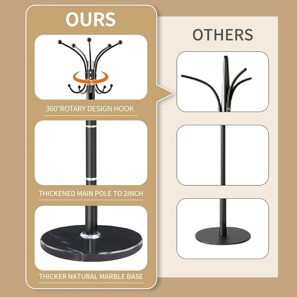 Metal Heavy Duty Coat Rack Stand, Modern Freestanding Coat Rack with Natural Marble Base, 360° Roraty Coat Racks with 16 Hooks, Black Coat Hall Tree Hanger Stand for Entryway, Office