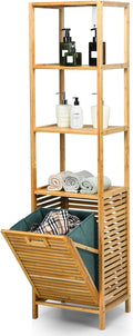 Giantex 63'' Tilt Out Laundry Hamper and 4-Tier Storage Shelves, Removable Clothes Basket with Easy Carry, Bamboo Tower Hamper Organizer, Great for Bathroom, Bedroom, Laundry Room, Closet, Nursery