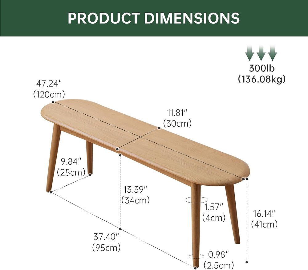 47'' 100% Solid Oak Wood Dining Bench,Rounded Corner Baguette Shape C...