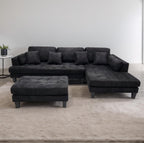 Stendmar 3pc 120" Contemporary Black Microfiber Fabric Couch Sectional Sofa Chaise Ottoman S16RBK (Black, Right Hand Facing)