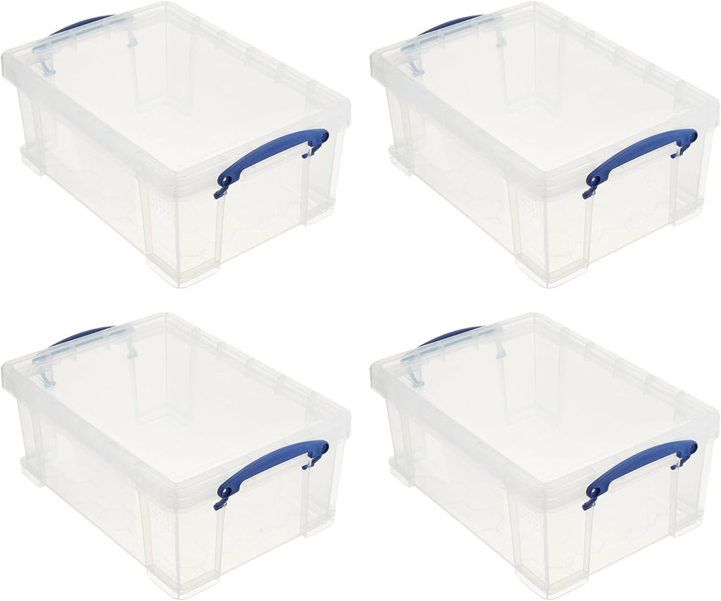 Really Useful Box Stackable 9 Liter Plastic Storage Container Bin with Snap Lid and Built-In Clip Lock Handles for Home & Office Organization (4 Pack)
