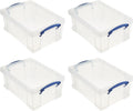 Really Useful Box Stackable 9 Liter Plastic Storage Container Bin with Snap Lid and Built-In Clip Lock Handles for Home & Office Organization (4 Pack)