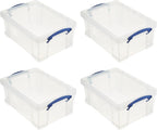 Really Useful Box Stackable 9 Liter Plastic Storage Container Bin with Snap Lid and Built-In Clip Lock Handles for Home & Office Organization (4 Pack)