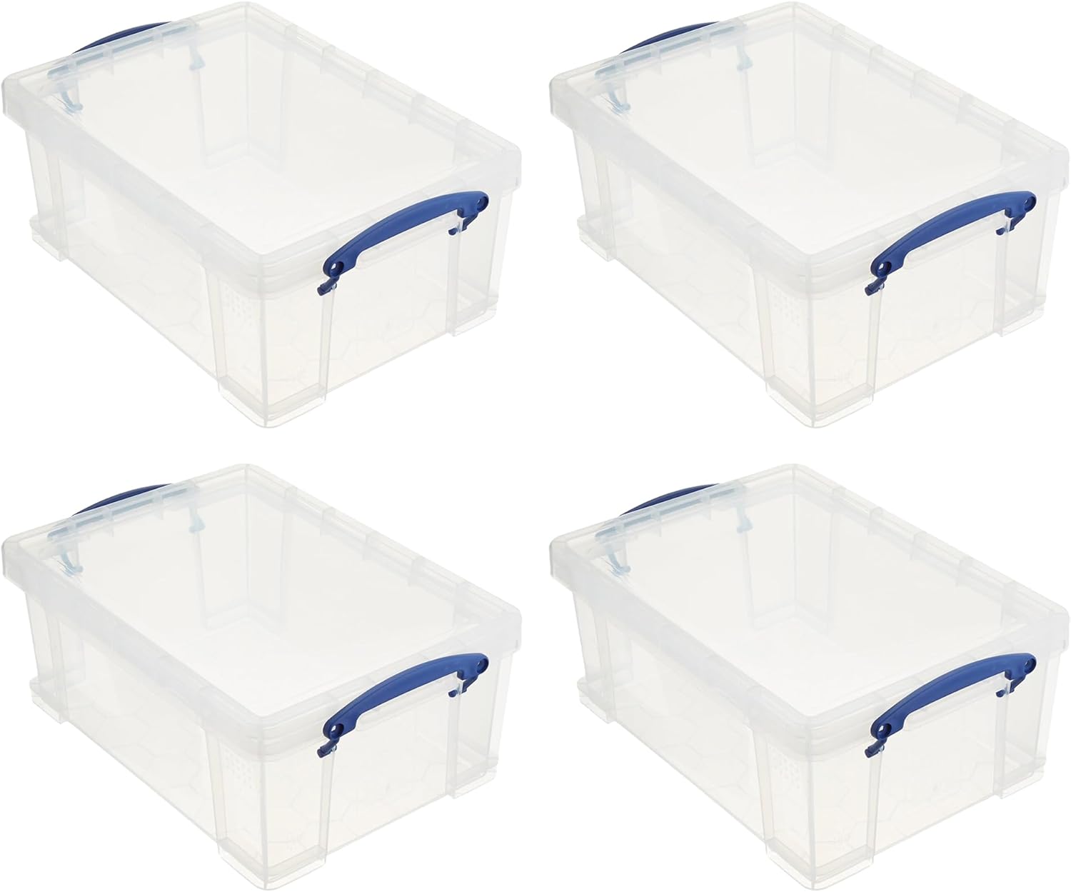 Really Useful Box Stackable 9 Liter Plastic Storage Container Bin with Snap Lid and Built-In Clip Lock Handles for Home & Office Organization (4 Pack)