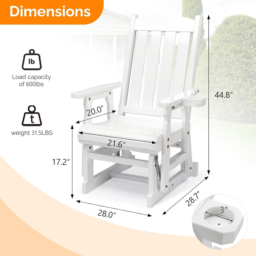 VINGLI Outdoor Glider Chair Wood Patio Glider with Cup Holder, Porch Glider w...