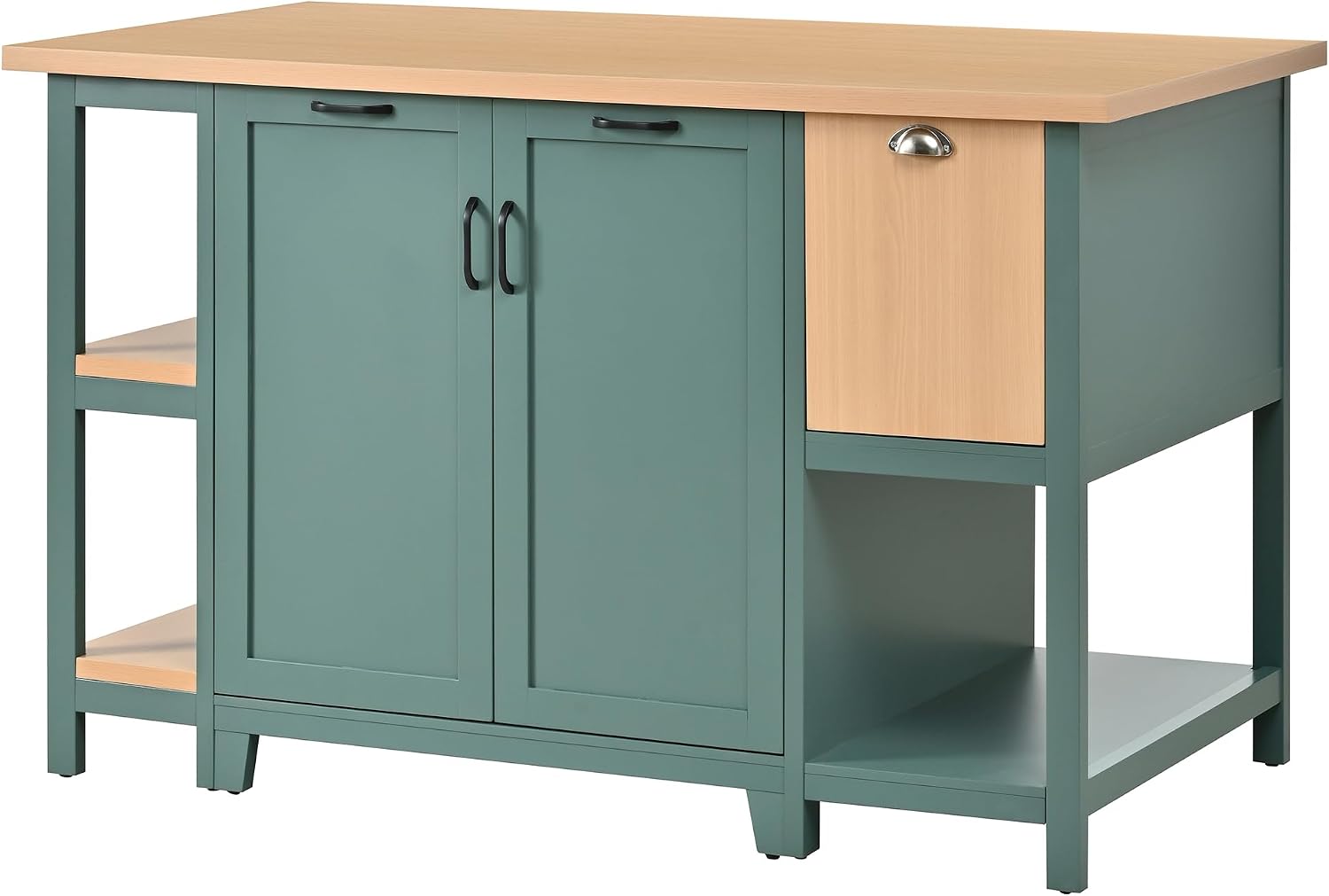 Christopher Knight Home Aaron 58" Kitchen Island with Storage, Modern Island Table for Kitchen, Storage Cabinet with Open Shelves, Wooden Kitchen Prep Table, Coffee Station Cabinet, Green+Natural