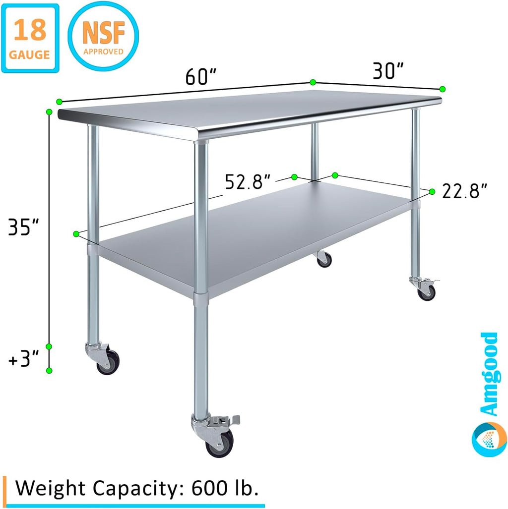 AmGood 60" Long x 30" Deep Stainless Steel Table with Casters