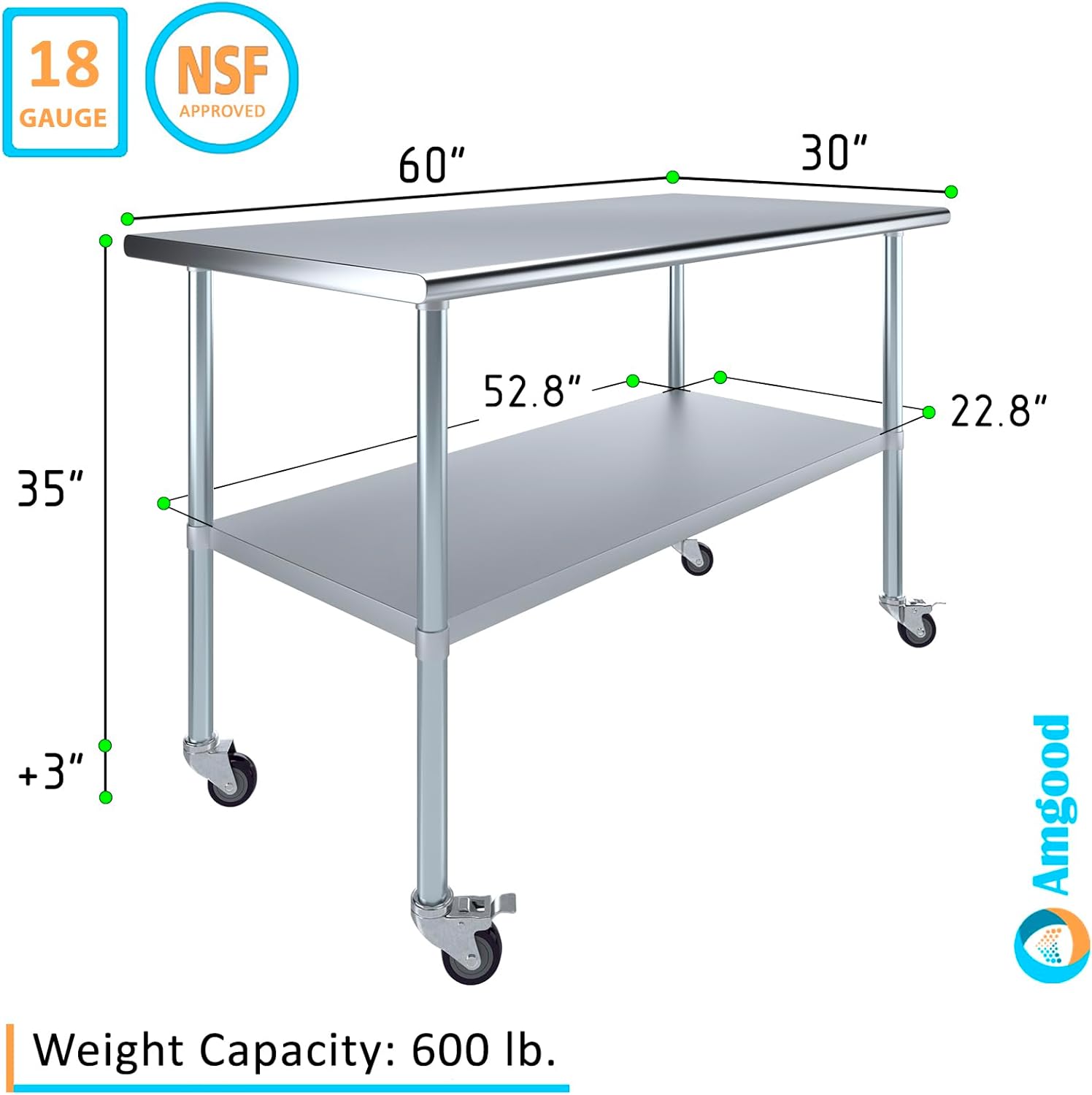 AmGood 60" Long x 30" Deep Stainless Steel Table with Casters