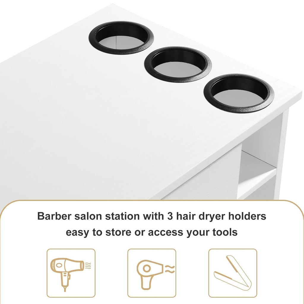 4ever2buy Hair Salon Station for Hair Stylist, Salon Wall Station with Barber Cabinet, Barber Stations Equipment Hair Dryer Holder, Drawers (White)