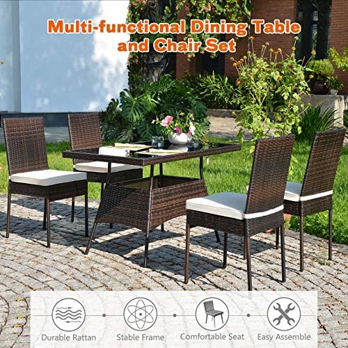 Tangkula 5 Piece Patio Wicker Dining Set, Outdoor Rattan Table and Chairs wit...