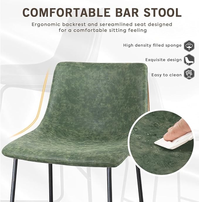 LEMBERI 26 inch Bar Stools Set of 2, Modern Counter Height Bar Stools, Faux Leather Barstool with Back and Metal Leg, Armless Bar Chairs for Kitchen Island (Green, 2pcs 26")