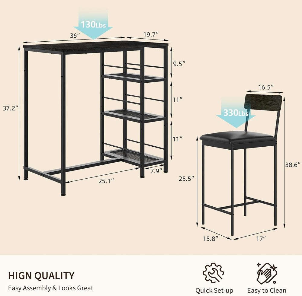 3-Piece Bar Table Set with 2 Bar Stools, Built-in Wine Rack and 3-Tier Storag...