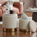 Velvet Round Ottoman Set of 2 with Storage 12 Gallon Capacity - Multi-Functional Stool for Living Room, Footrest, Vanity Seat, Coffee Table, Sturdy 300lb Capacity（Cream White）