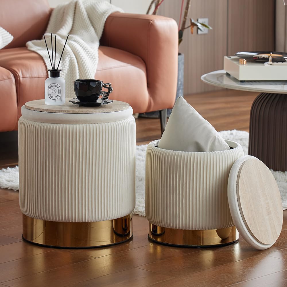 Velvet Round Ottoman Set of 2 with Storage 12 Gallon Capacity - Multi-Functional Stool for Living Room, Footrest, Vanity Seat, Coffee Table, Sturdy 300lb Capacity（Cream White）