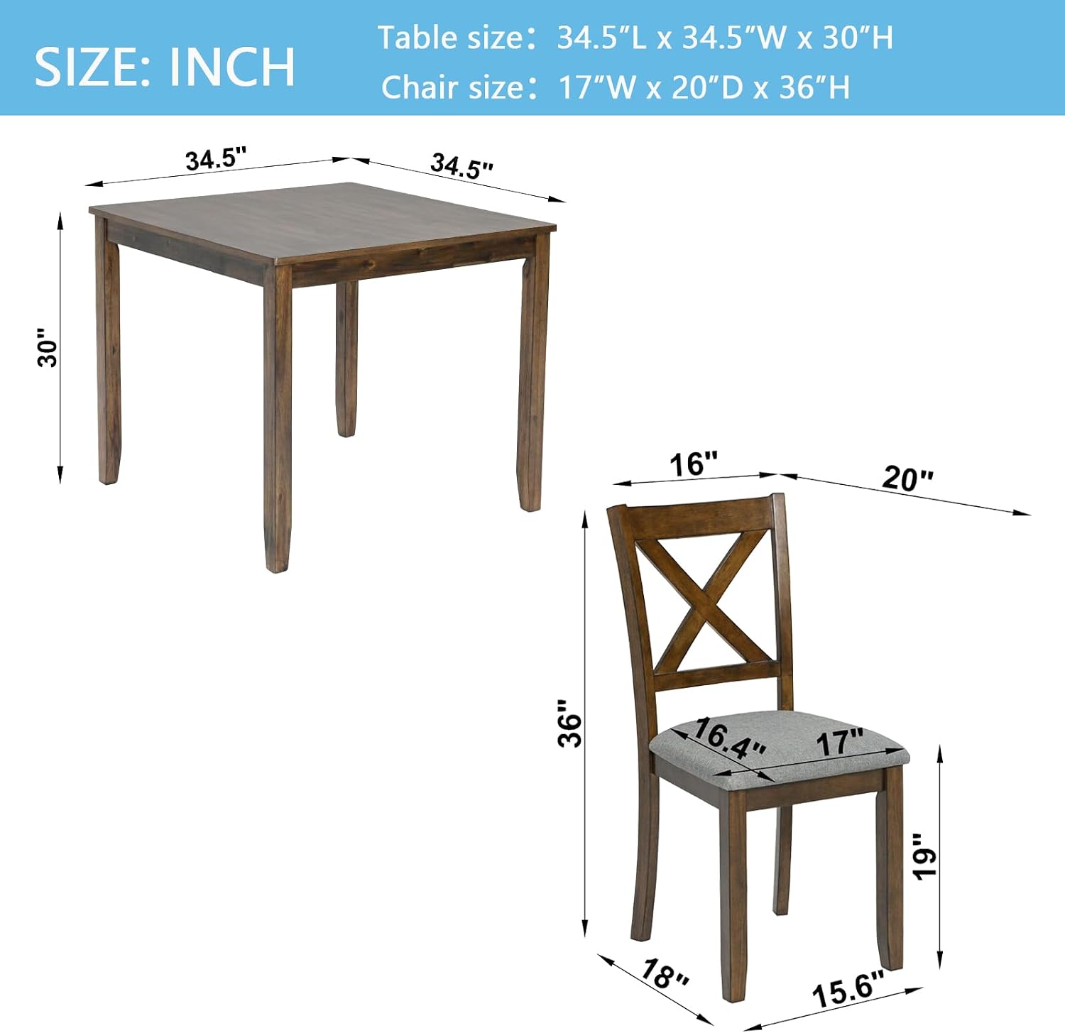 LUMISOL Dining Table Set for 4, Farmhouse Kitchen Table Set with 4 Upholstered Chairs, Wood Table and Chairs Set for Living Room, Kitchen, Dining Room, Walnut