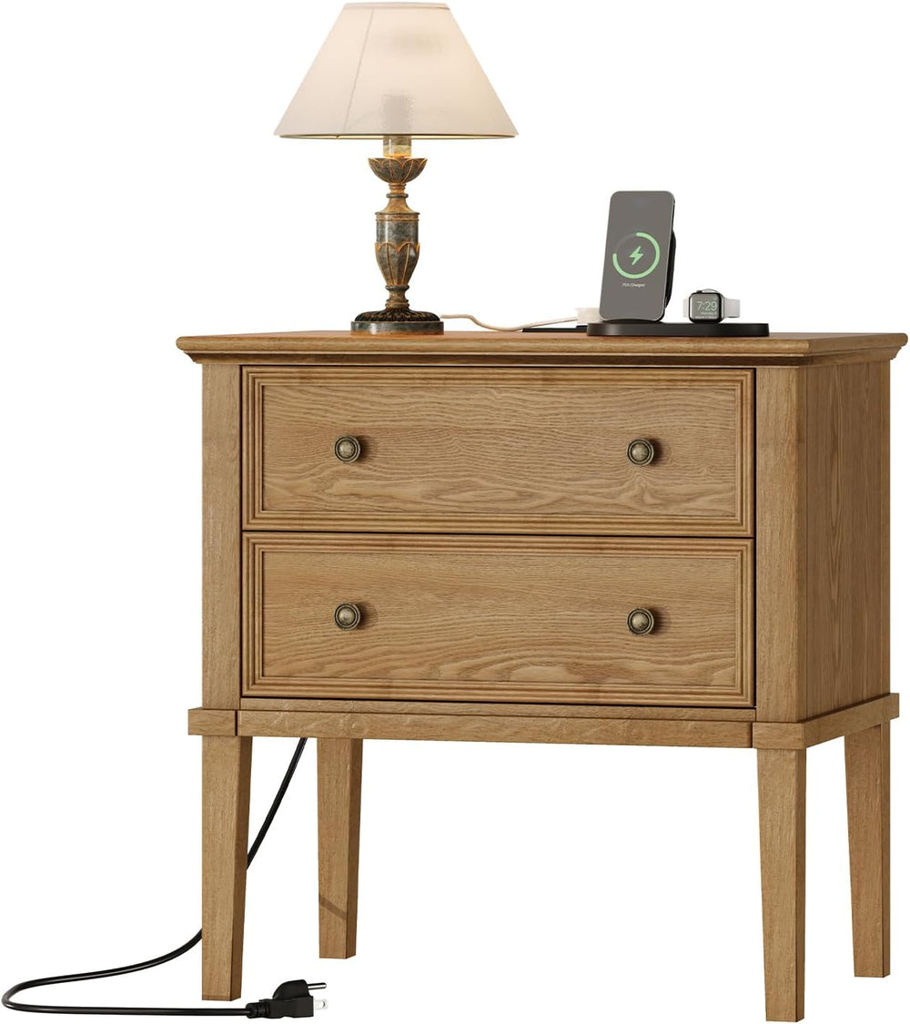 IKENO Solid Wood Nightstand with Charging Station, Wooden End Table with 2 So...
