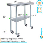 AmGood 18" x 36" Stainless Steel Work Table with Casters | Heavy Duty Metal Utility Table On Wheels | Kitchen Island Cart