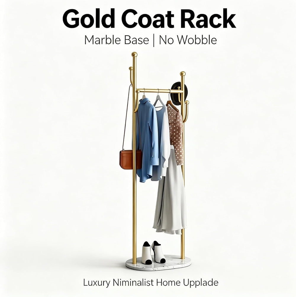 Gold Metal Clothes Rack Heavy Duty Freestanding Coat Rack with White Marble L...