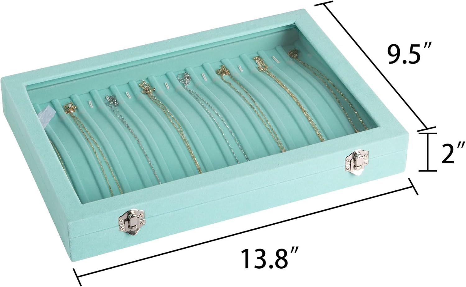 Frebeauty 15 Hooks Necklace Tray Velvet Neckalce Organizer with Clear Lid Lockable Necklace Holder Box Jewelry Organizer for Pendants Chains Necklace Jeweley Tray for Women Girls(Turquoise)
